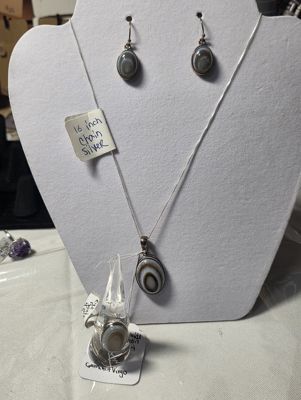 Sterling Silver Brown and Cream Eye Agate Pendant Necklace & Earrings Set